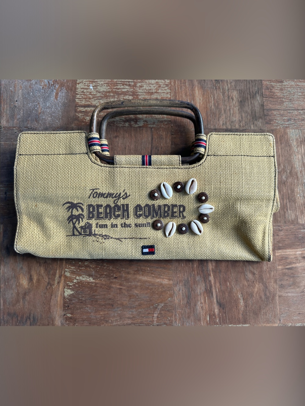 Iconic vintage Tommy Hilfiger Tan Canvas Beach Comber Clutch with Shell Detail